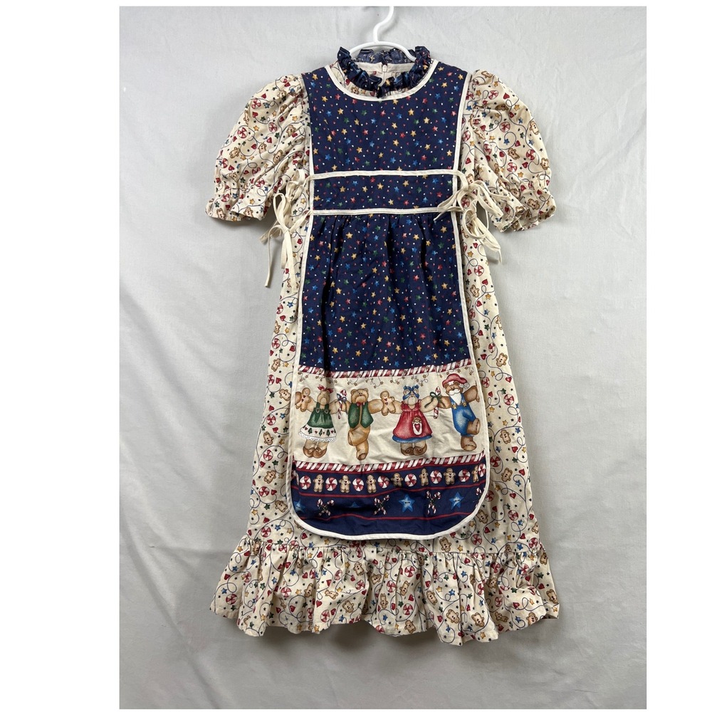 Handmade Christmas Apron Dress Kids 6 Cream Navy Gingerbread Teddy Bear Ruffle